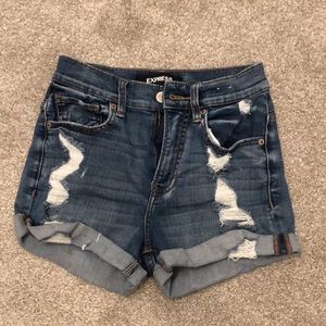 Express high waisted distressed jean shorts